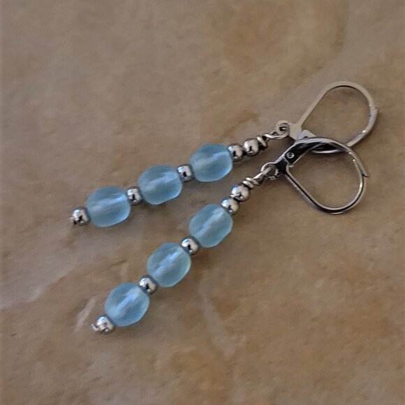 Blue Czech Crystal Earrings Firepolished Stainless Steel Leverback Earwires - Picture 2 of 4